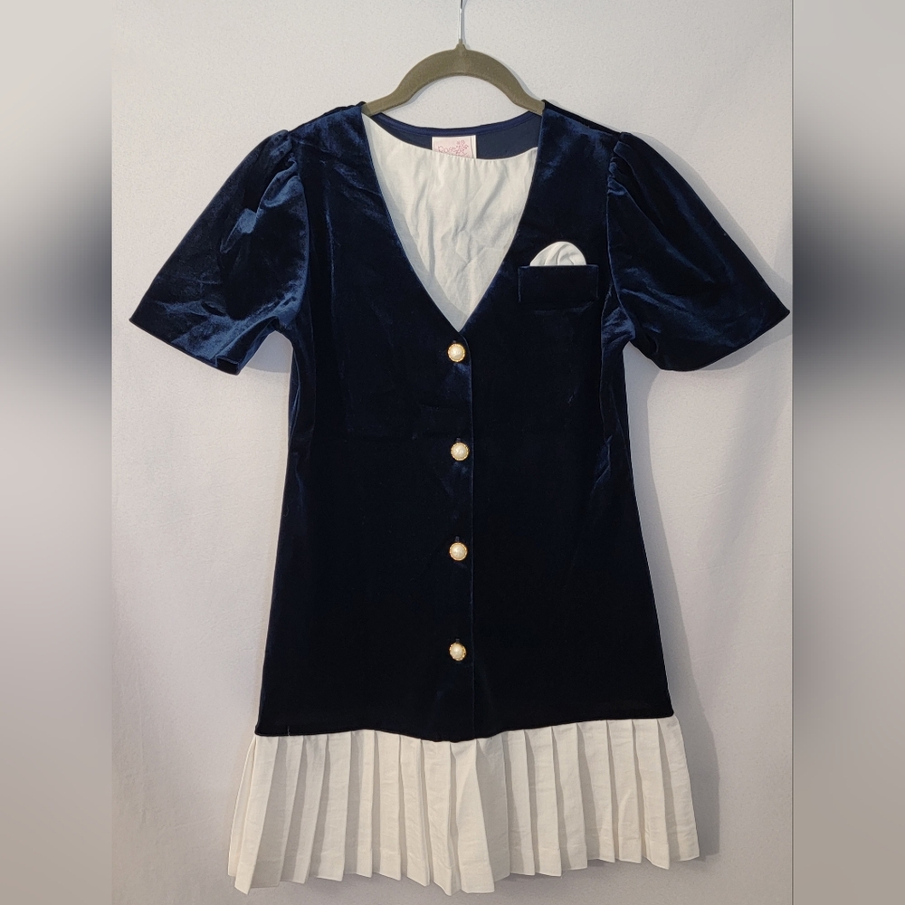 Vintage Rose Cottage Navy Dress with White Pleated Hem Girls Size 14
